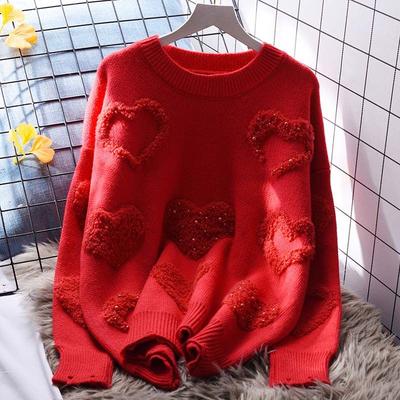Осень Зима Женский Стильный Вышитый Расшитый бисером Шикарный Толстый Вязаный Свитер Повседневный Красный Розовый Круглый Вырез Длинный Рукав Свободный Пуловер Топы
