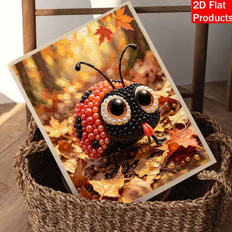 Pearl painting set 5D pearl mosaic art style ladybug in autumn maple leaves home wall decoration.