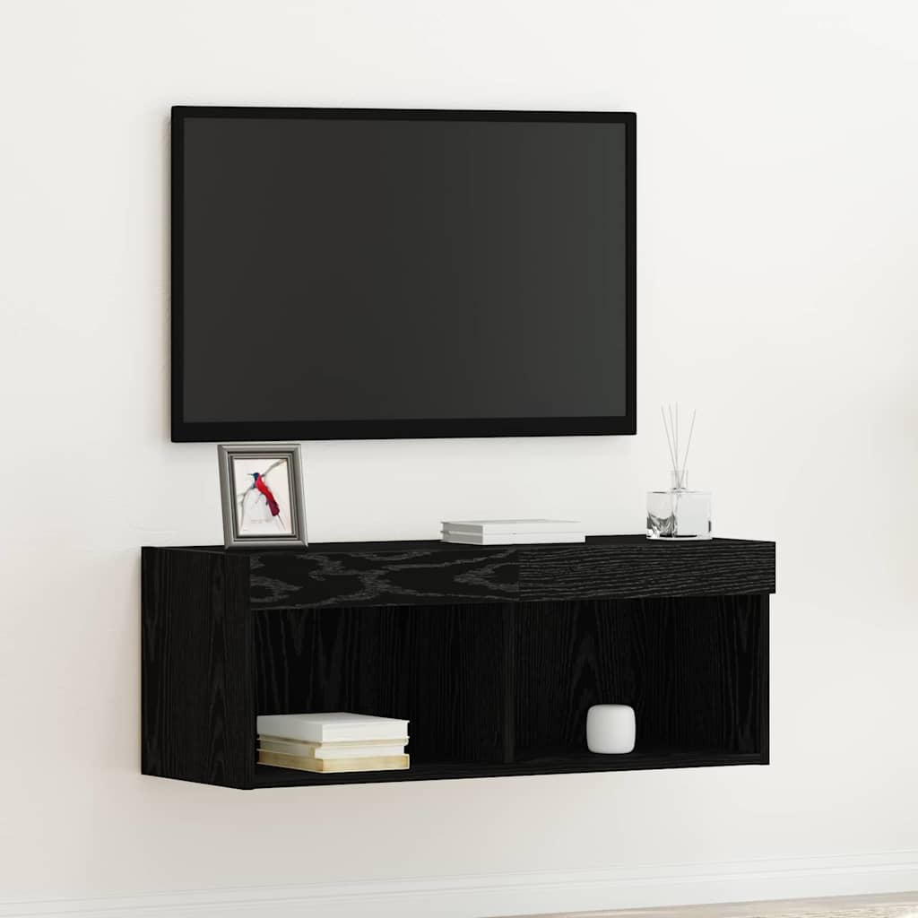 Black Oak Effect Wall Mounted LED TV Cabinet Set 80 x 30 x 30 cm