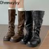 Зимний уличный стиль Рыцарские ботфорты до колена Женские лаконичные туфли на толстом каблуке Женские винтажные облегающие длинные ботильоны De Muje