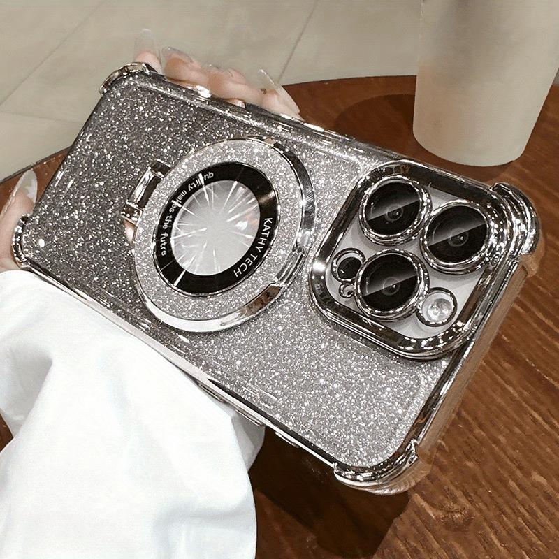 Luxury Plating Magnetic Holder Glitter Case for iPhone 17 Air 16 15 14 13 12 11 Pro Max Plus Wireless Charging Clear Cover