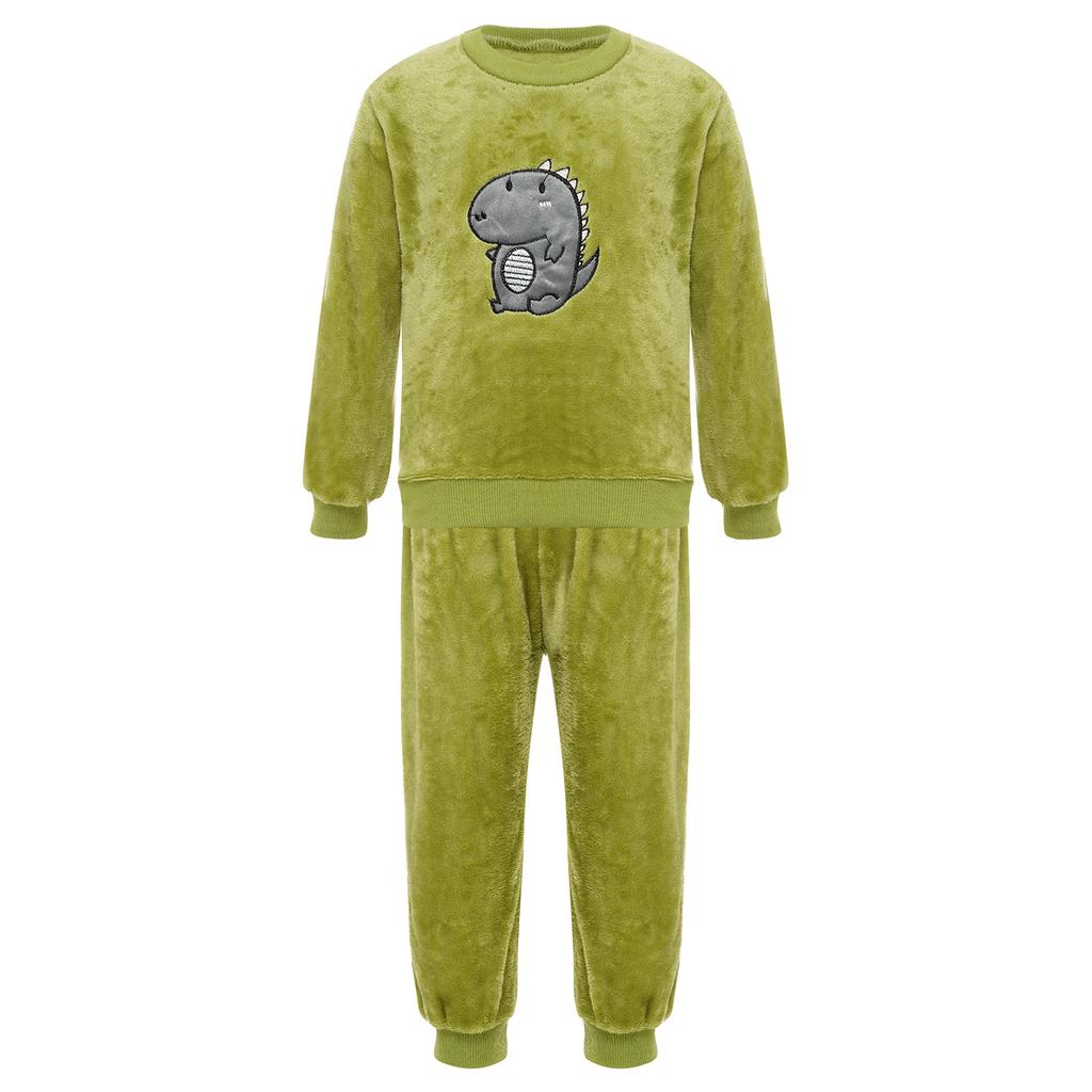 Unisex Kids Flannel Long Sleeve Round Neck Cat Dinosaur Print Pajamas Set Loungewear Homewear