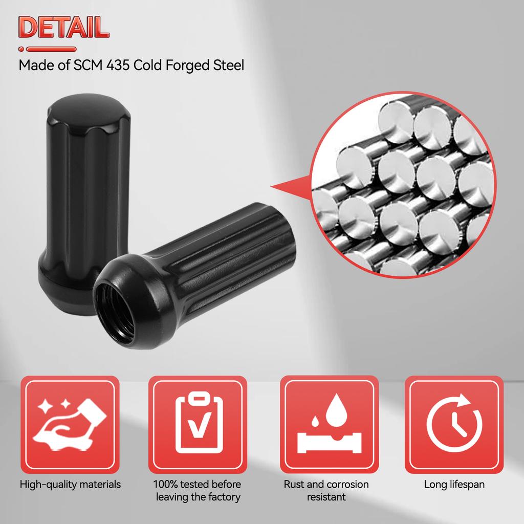 24x Black 2" Tall M14x1.5 Tuner Spline Lug Nut For Ford F150 GMC Sierra Ram 1500