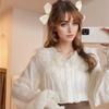 Элегантная шифоновая рубашка с воротником «Питер Пэн» для женщин, тонкая кружевная блузка с длинным рукавом, женская мода, милые женские топы, повседневные рубашки на пуговицах, женские 24040