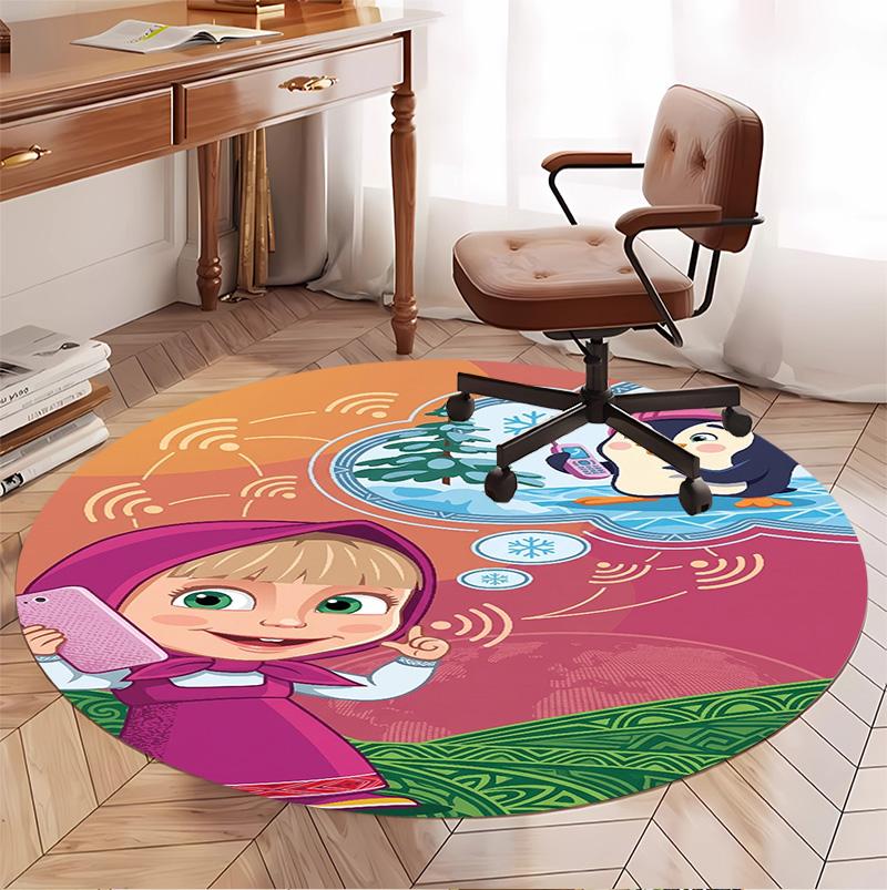 Masha and the Bear Pattern Round Rug, Indoor/Outdoor Mat, for Picnic, Gameroom, Bedroom, Office, Living Room, Home Decor Carpet, Birthday Gift