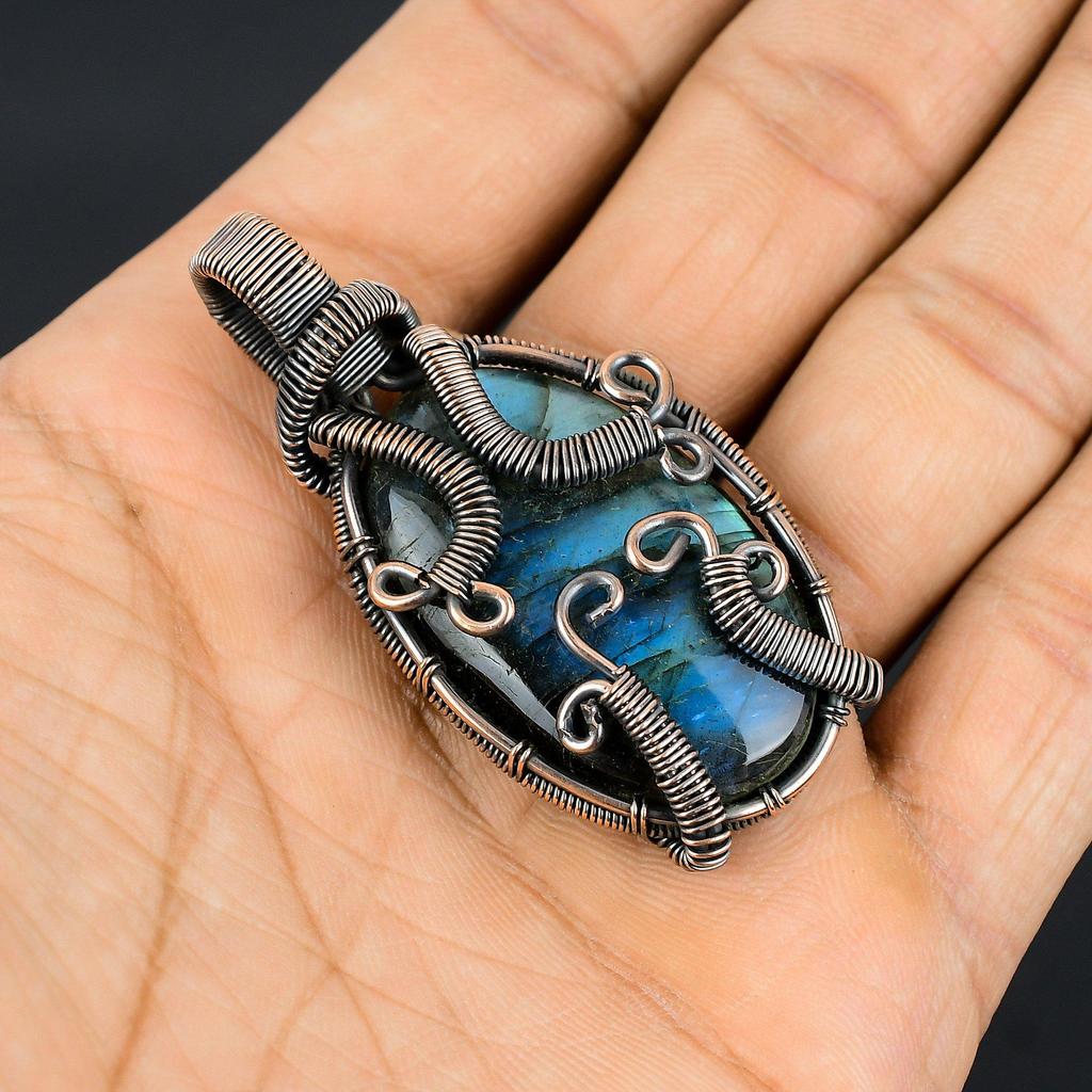 Labradorite Pendant, Handmade Gemstone 999 Copper Wire Wrapped Pendant Antique Jewelry, For Gift Silver Jewelry