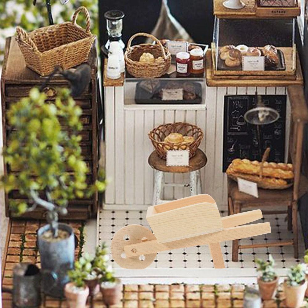 Wooden Mini Cart Wood Color Kids Toy Miniature Mini Farm Wheelbarrow Models