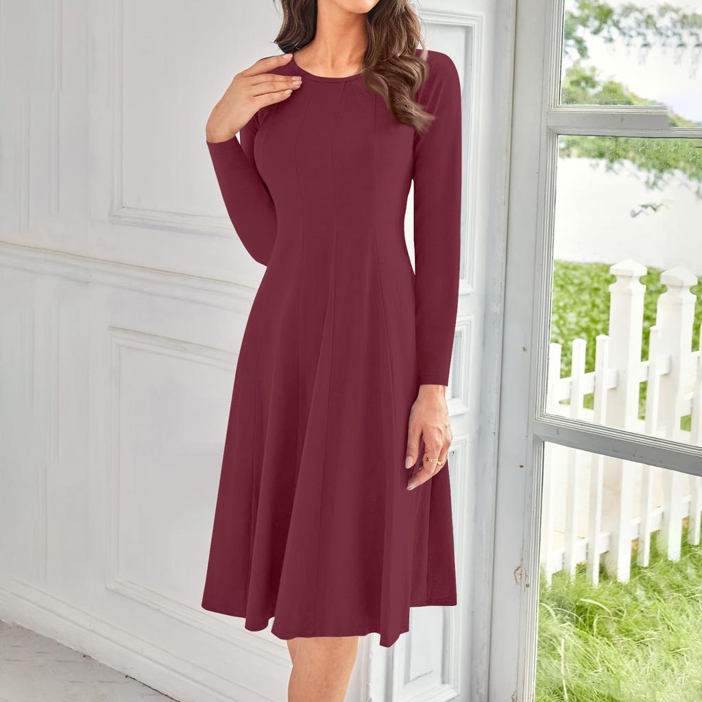 Женское повседневное модное платье миди с круглым вырезом и длинным рукавом