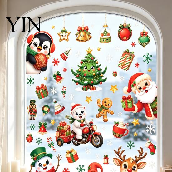 Winter Seasonal Room Decor 6Pcs Christmas Window Cling, Santa Snowman Penguin Reindeer Static Glass Cute Cartoon Adhesives Decals for Storefront,