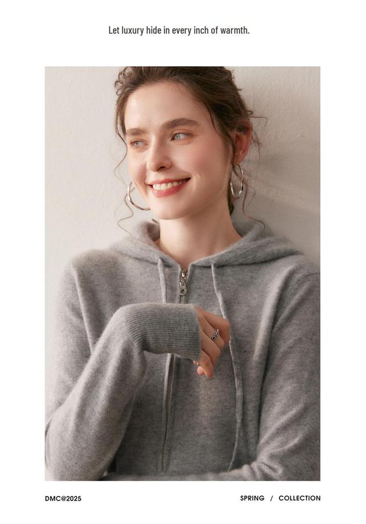 Thick Zippered Hooded Women's Cashmere Sweater - 2025 Autumn/Winter Collection: Solid Color, Elegant, Simple, Casual Wool Knit Outerwear