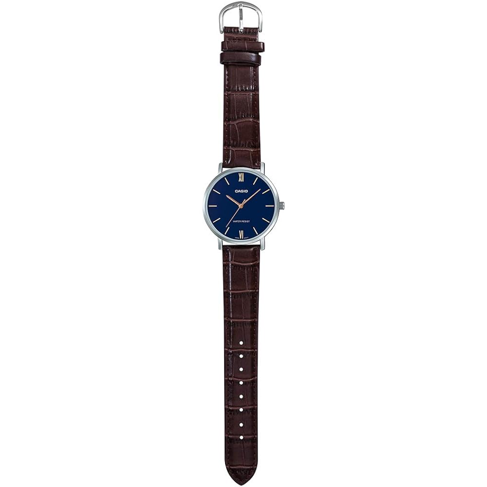 Casio MTP-VT01L-2B Мужские Аналоговые Часы Минималистичный Синий Циферблат Коричневый Кожаный Ремешок Серебристый Кварцевый Механизм
