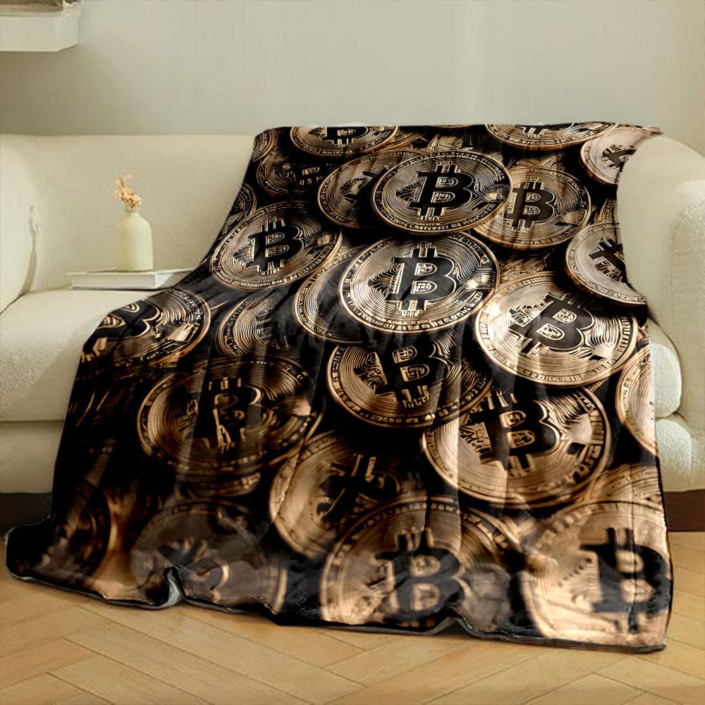A pile of golden coins with Bitcoin symbols repeating across them. for all seasons blanket lunch break throw gift