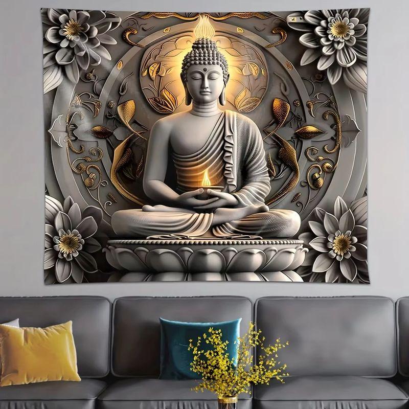 Stone Buddha Tapestry Golden Glow Lotus Meditation Oriental Art Wall Hanging Boho Yoga Room Bedroom Decor