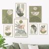 Sage Green Boho Abstract Geometry Line Leaf Poster Wall Art Print Mid Century Canvas Painting Wall Pictures Living Room Decor