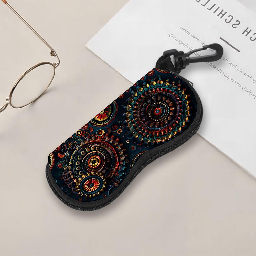 2D-Abstract Geometric Mandala Print Protective Sunglasses Case, Vintage Bohemian Style Eyeglasses Holder, Portable Travel Eyewear Pouch for Women Men