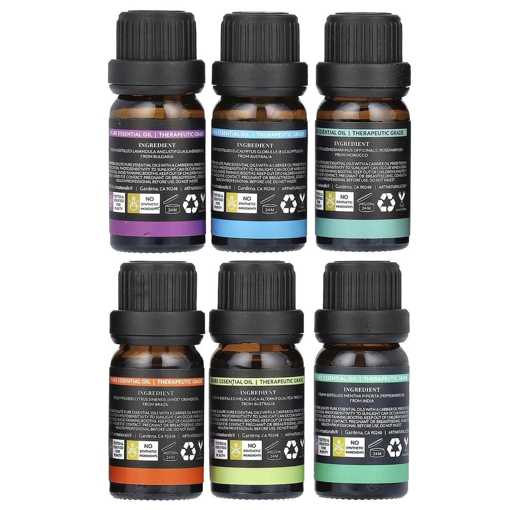 artnaturals Set of 6 Popular Essential Oils, Set of 6, 10 Ml (0.33 Fl Oz) Each.