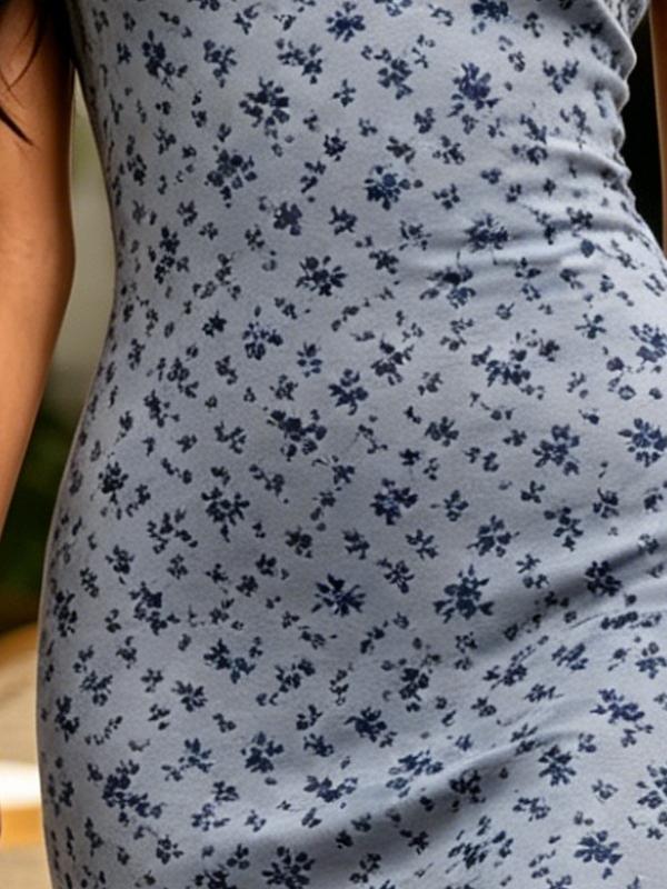 Summer Women's One Shoulder Midi Dress Tiny Floral Print Grey Blue Bodycon Sundress