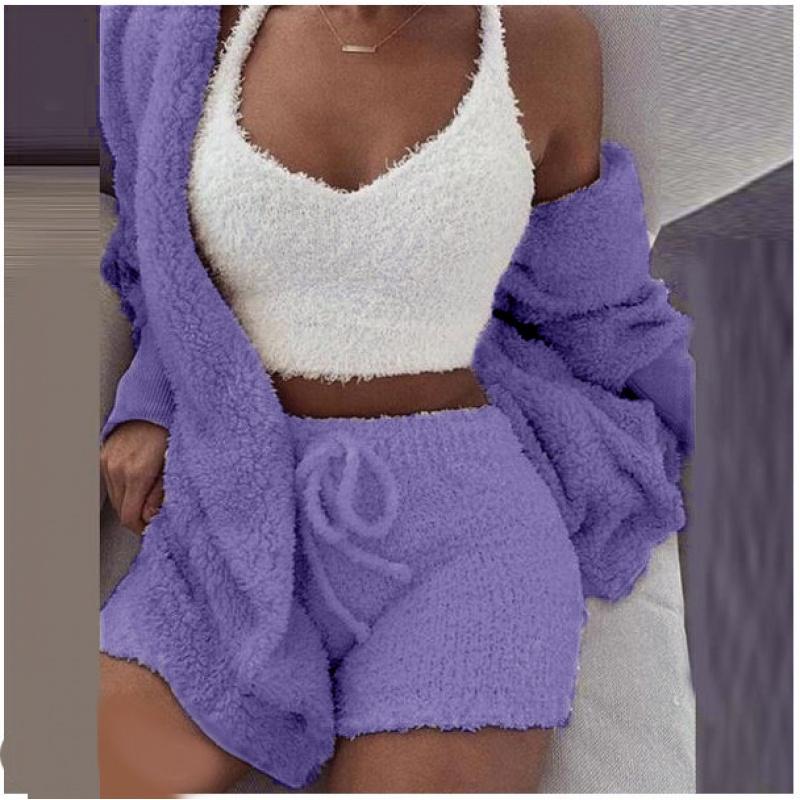 Women's Winter Plush Home Clothes Casual 2-Piece Pajamas Long-Sleeved Shorts Sports Suit for Women
