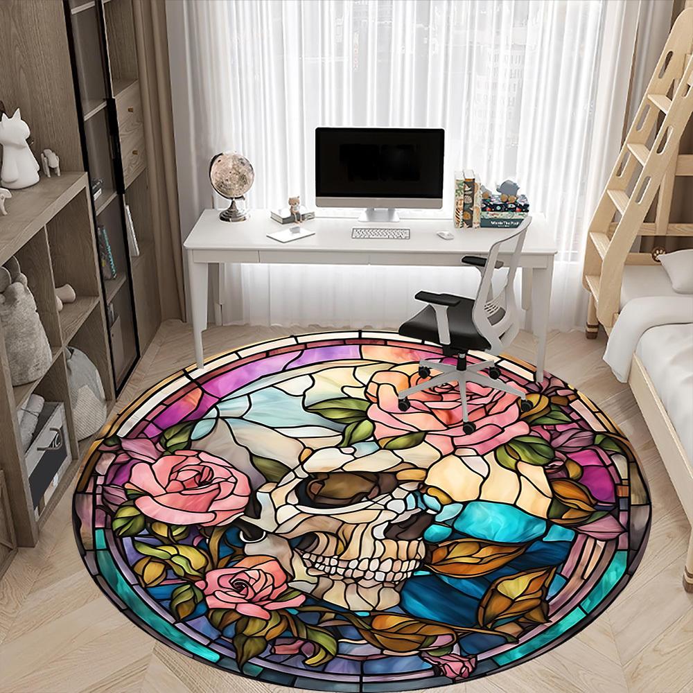 1pc Stained Glass Skull Roses Office Round Rug, Non-slip, Soft and Durable Office Rug for Interior Decoration, Perfect for Office yy260204027