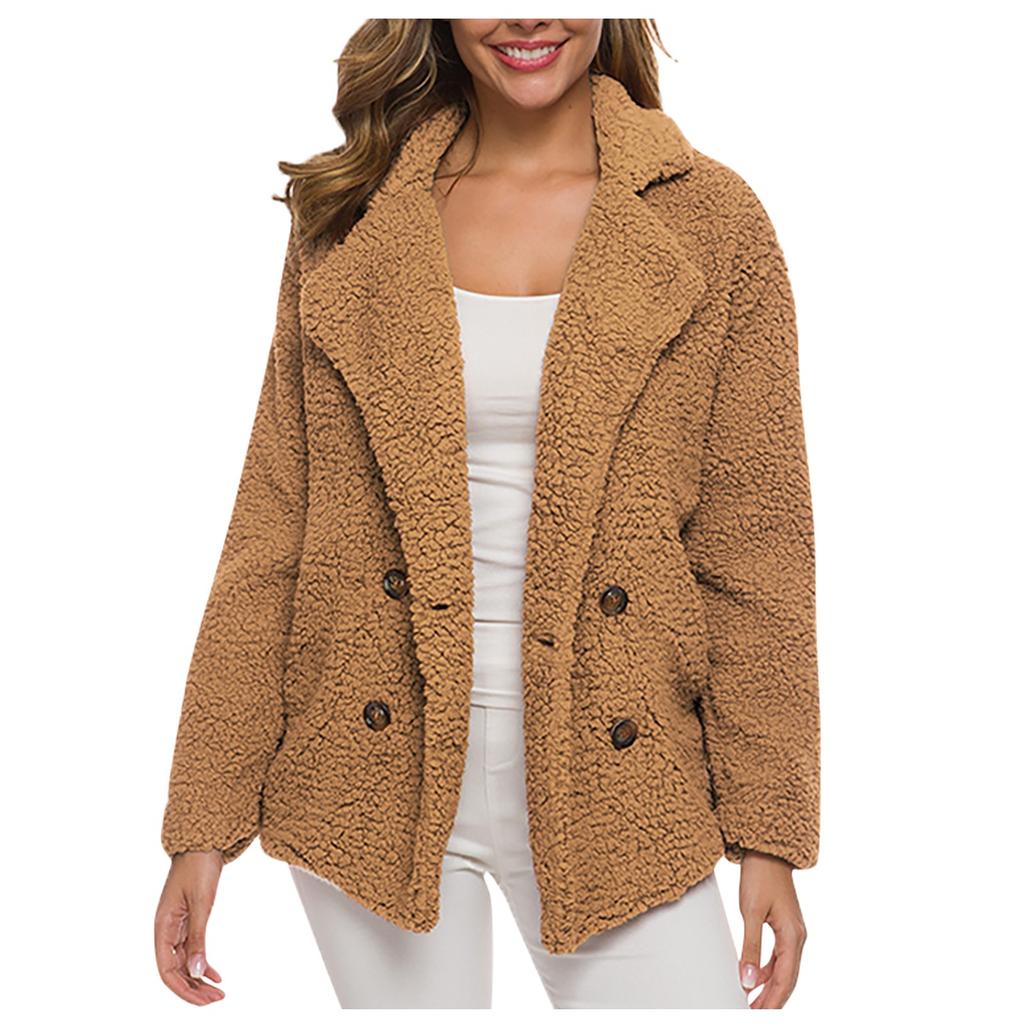 Women's Winter Casual Padded Thickened Suit Collar Button Lambswool Jacket Cardigan