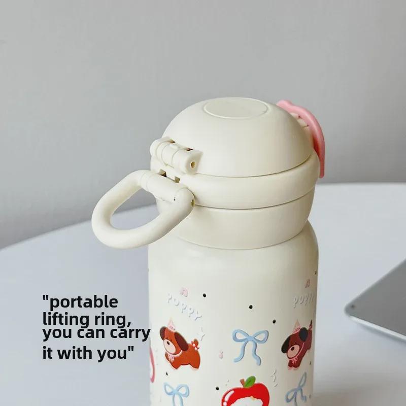 Cute Cartoon Print Double Drink Stainless Steel Thermos Cup with Straw - Portable Pop-Up Cup for Girls and Students