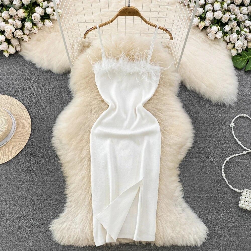 RUGOD Франция сексуальное вязаное клубное платье женское платье без рукавов с разрезом винтажное короткое платье перья монтаж зеленое тонкое платье