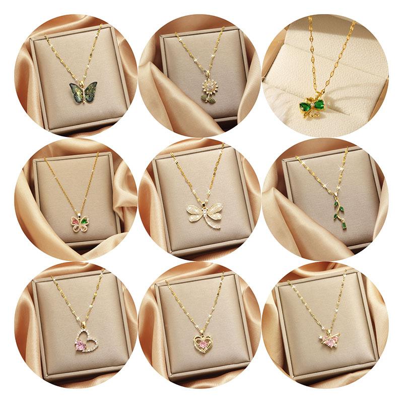 Luxury Shiny Stainless Steel 18k Gold Zircon Heart Butterfly Pendant Necklace Women Boutique Pearl Flower Leaf Necklace for Gift