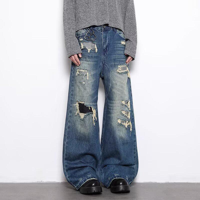 Mens Distressed Loose Fit Denim Pants With Ripped Details Wide Leg Straight Cut Casual Wear