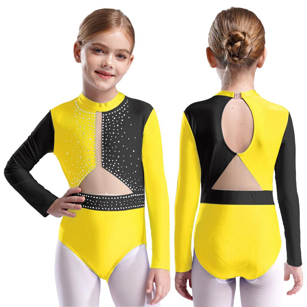 Гимнастический купальник для девочек, фигурное катание, балетные купальники, длинный рукав, стразы, сетчатый комбинезон, танцевальная одежда, боди для джазовых танцев, костюм для латинских танцев