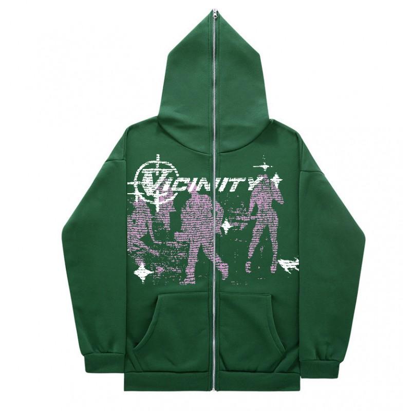 Oversized Hooded Zip-Up Sweatshirt With Vintage Graphic Print Streetwear Unisex Casual Pullover