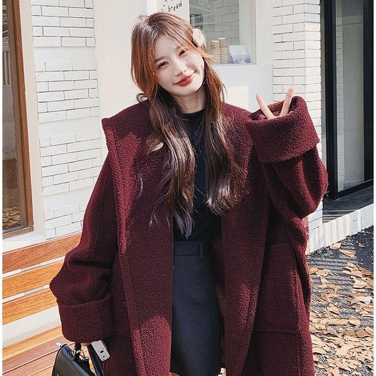 Red Thick Hooded Wool Coat Women Winter Fashion Cape Cloak Jacket Warm Outerwear