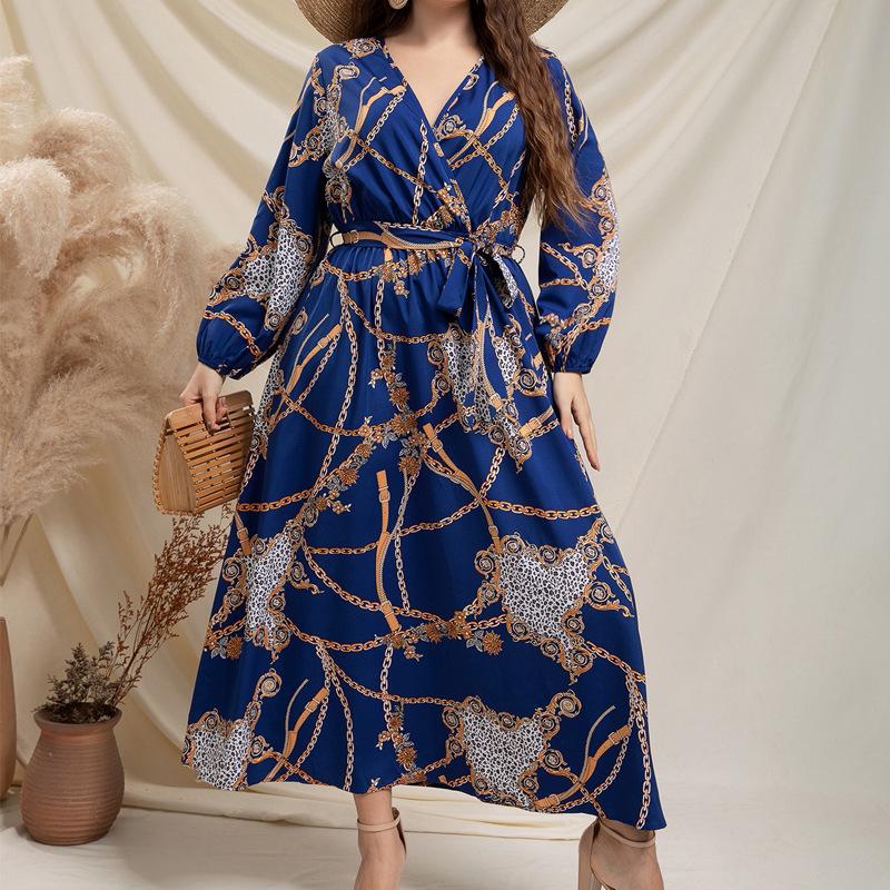 Весенне-осеннее женское платье больших размеров с принтом, темпераментное, с V-образным вырезом, с золотой цепочкой и завязкой на талии, длинное платье