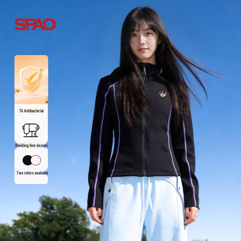 Женская вафельная куртка-бомбер SPAO с капюшоном, вышивкой в виде мишки и молнией