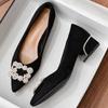 Rhinestone Suede Thick Heel Shoes Spring and Autumn Versatile Pointy Shallow Flat French Black Work Shoes