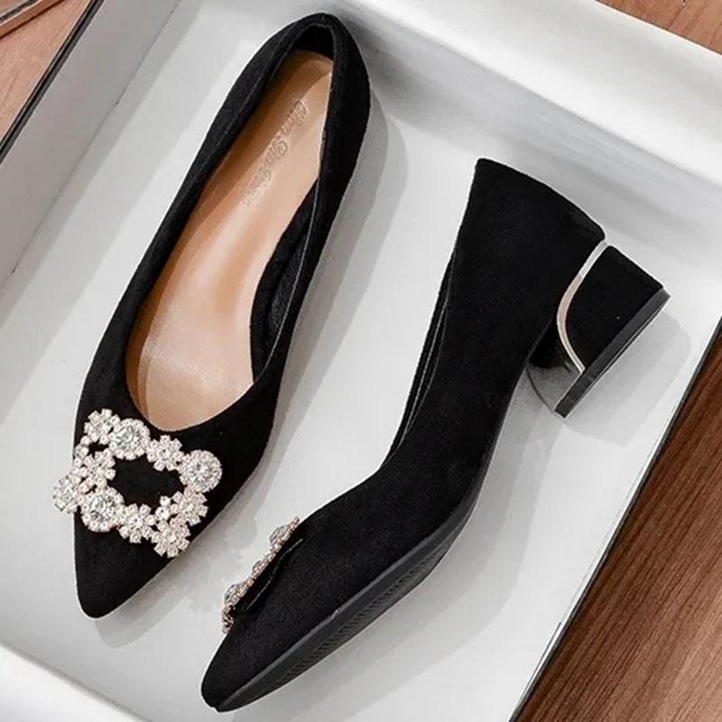 Rhinestone Suede Thick Heel Shoes Spring and Autumn Versatile Pointy Shallow Flat French Black Work Shoes