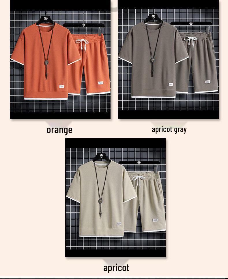 Мужской летний вафельный спортивный комплект с коротким рукавом и шортами, двухпредметный