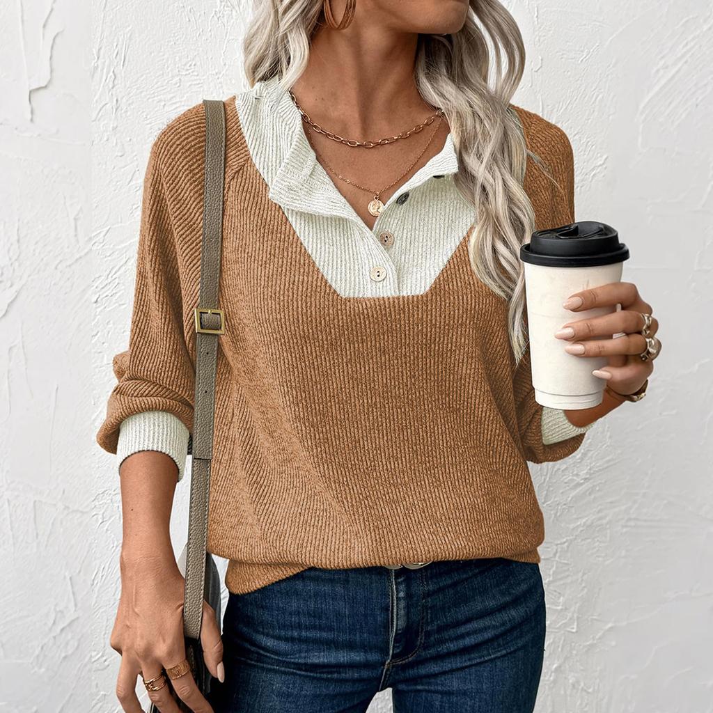 Women's Pullover Lapel Sweatshirt Fashionable Stitching Contrast Color Top