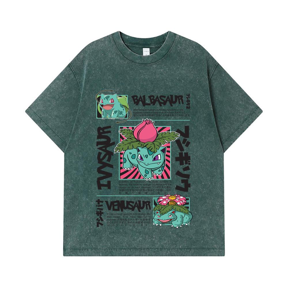 275 GSM Washed T-shirts 100% Cotton Pokemon V4 Balbasaur Print Unisex Heavy Cotton T Shirt