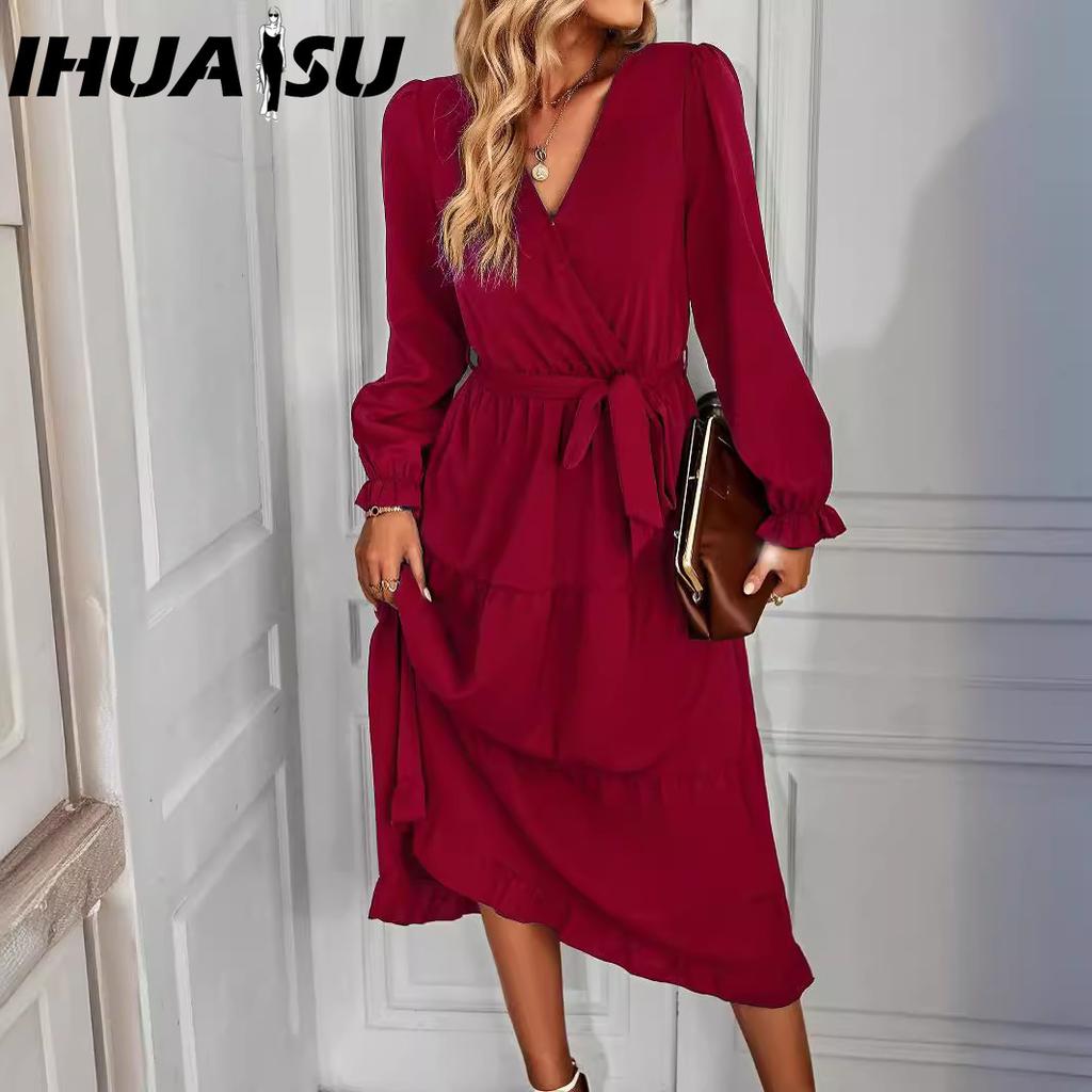 IHUASU Весна-лето, однотонное повседневное платье свободного кроя, женская длинная юбка