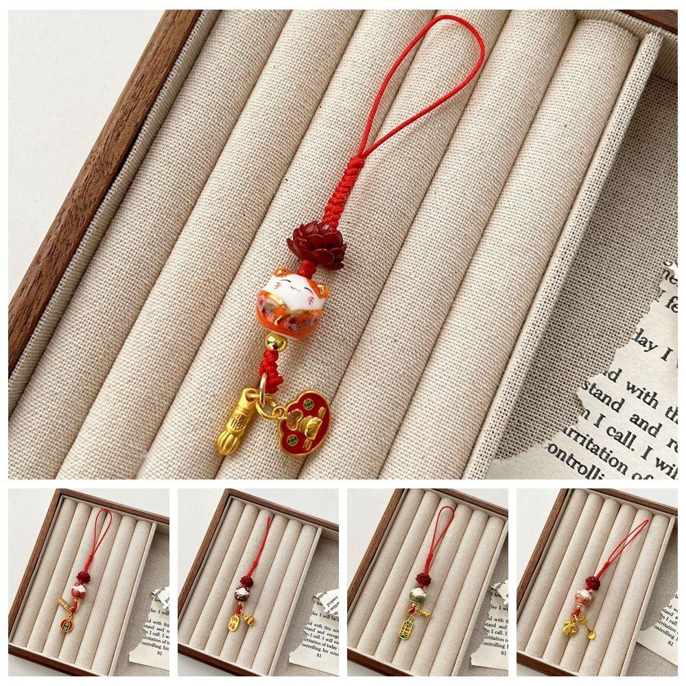 Cartoon Maneki Neko Key Chain Ceramic Lucky Cat Phone Strap Lucky Cat Mobile Phone Pendant Women