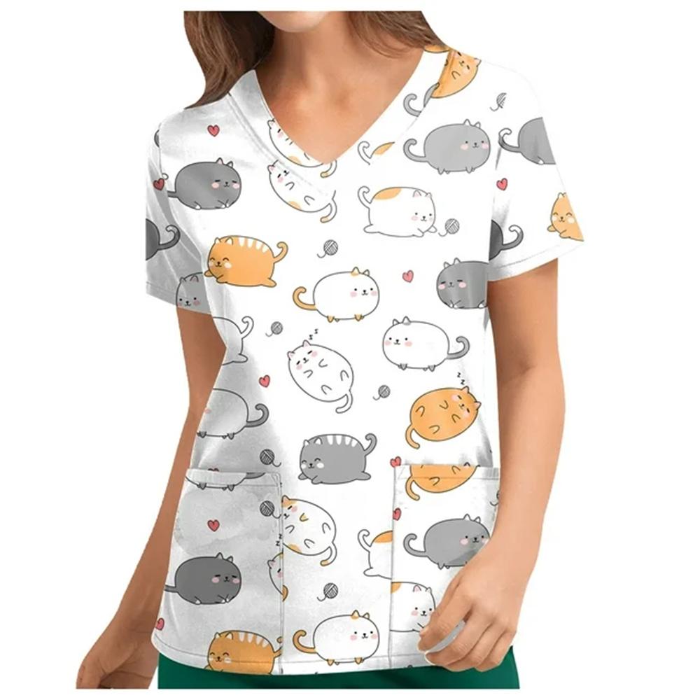 Летний топ с V-образным вырезом, женская рабочая униформа с принтом, рубашка с коротким рукавом, V-образный вырез, блузка, платье для медсестры, туника, униформа
