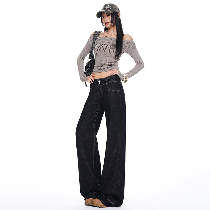 Autumn and winter American retro low-rise two-button loose-fitting legs versatile and thin jeans women