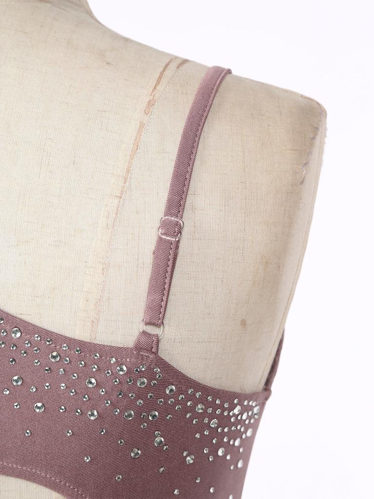 Womens Figure Skating Dance Performance Costume Glittery Rhinestone Irregular Shoulder Leotard Color Block Sleeveless Bodysuit