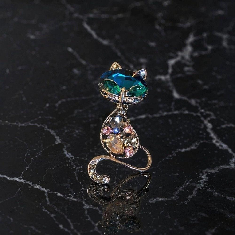 Colorful Rhinestone Blue Crystal Cat Brooches Crystal Banquet Clothes Metal Pin For Women Girls