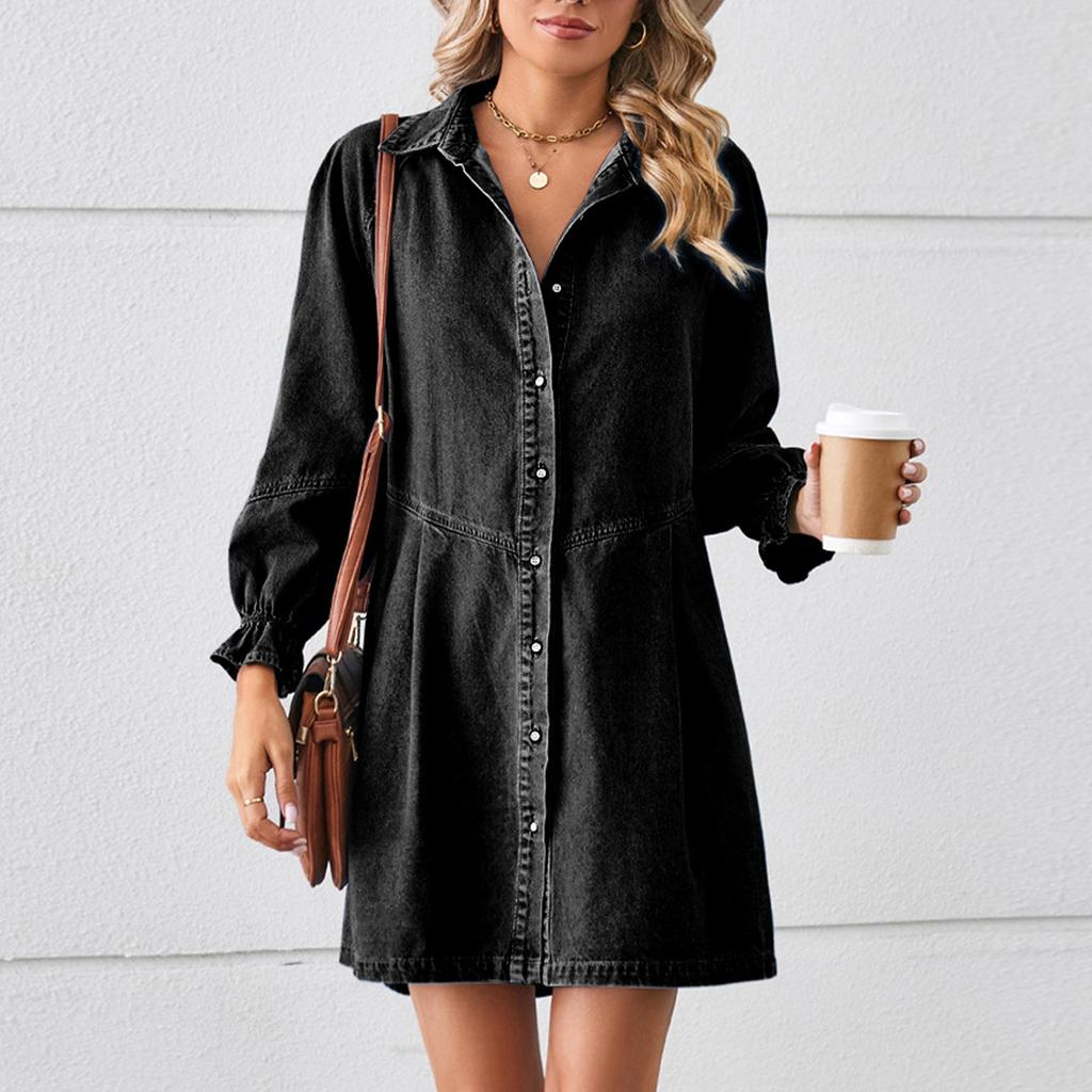 Women's Loose Washed Long Sleeved Patchwork Denim Dress, Medium Length Skirt For Women