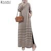 Женское повседневное длинное платье в стиле ретро с круглым вырезом и длинным рукавом в клетку