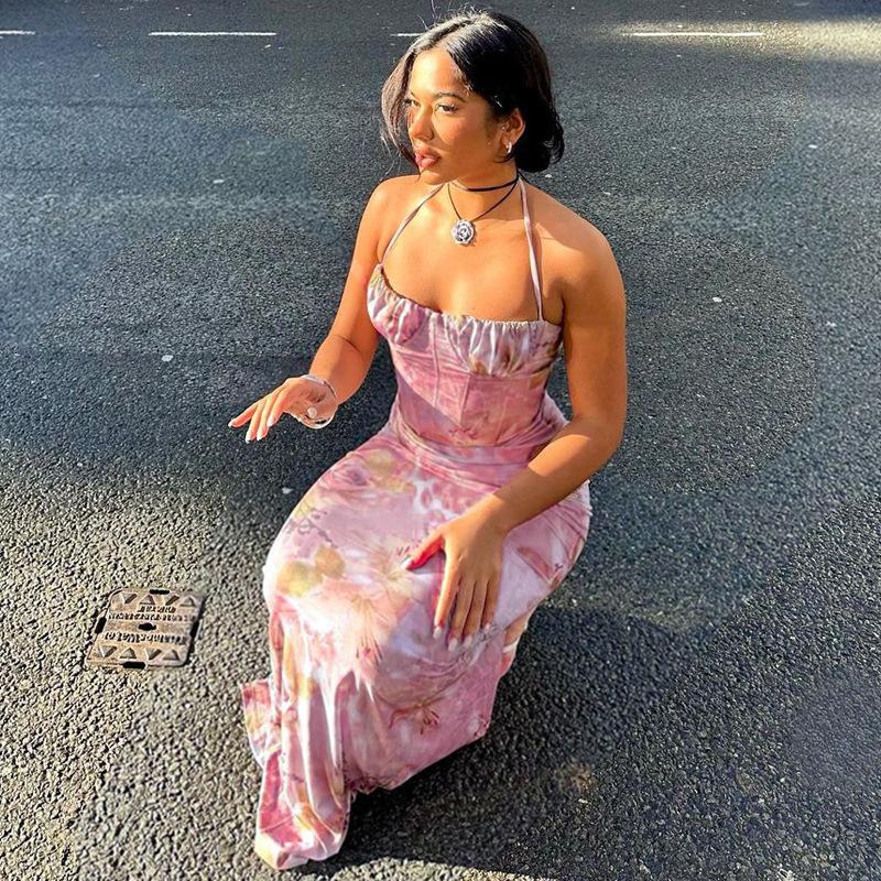 Stylish Print Sexy Breast Wrap Halter Slim Lift Dress