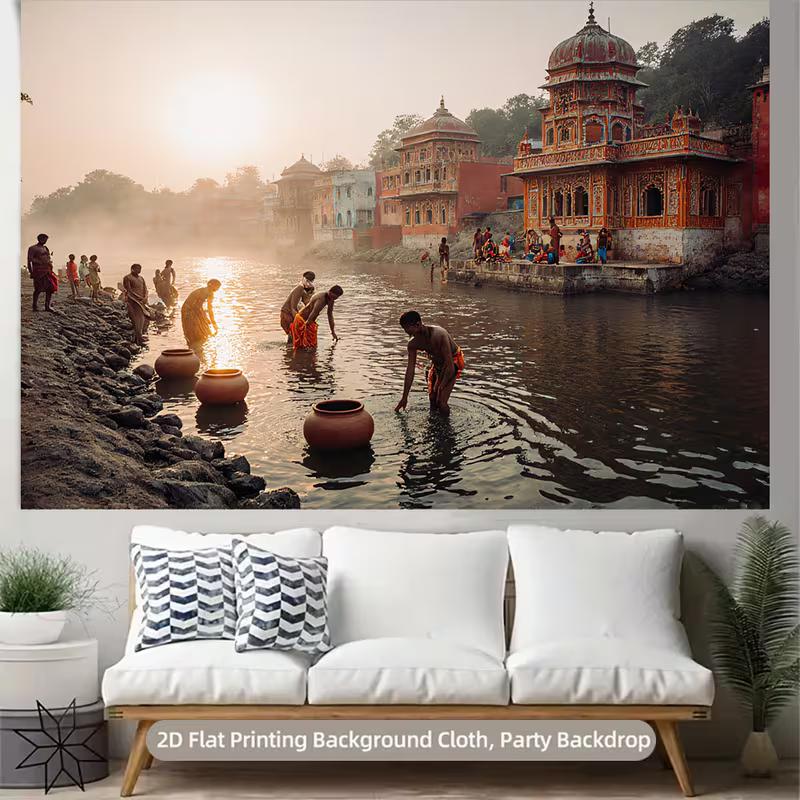 2D Artistic Indian Ghats Tapestry for Ethnic Content Creation & Home Decor
