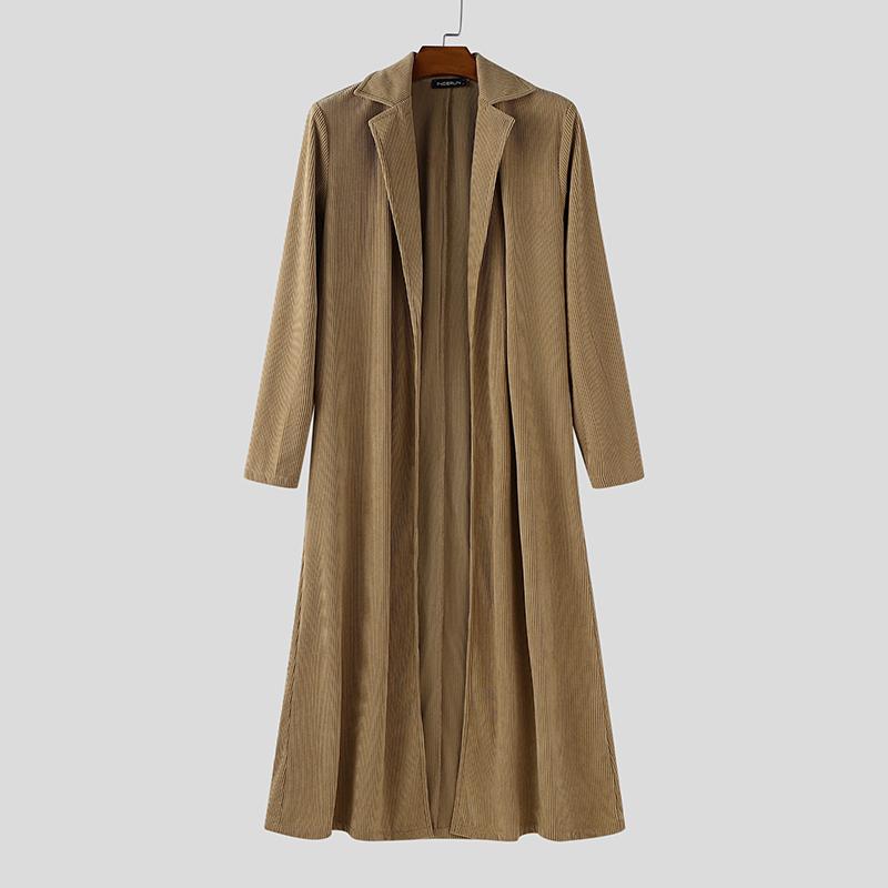 INCERUN Autumn Winter Men Lapel Neck Long Sleeve Open Front Long Corduroy Cardigan Coatsx