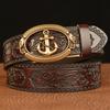 Men’s Cowhide Leather Belt with Automatic Buckle - Anchor Design & Arabesque Pattern